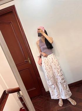 现货~BA~美式复古紫色烫钻字母背心+KITTY联名伞兵裤 jennie