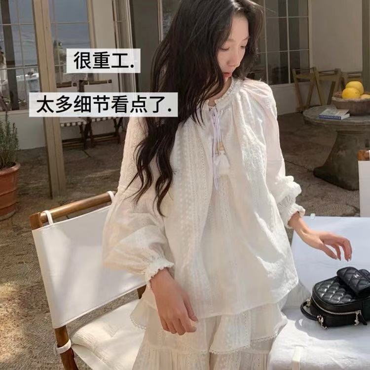 MCHIC | fab绝美套装~定位艺术刺绣工艺 白色刺绣衬衫+裙裤套装