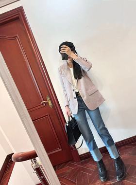 现货~原面料！self~高级灰紫色羊毛西装宽松休闲毛呢外套