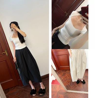 现货~小众设计insis*简约开衩郁金香花苞半裙+ rouj*方领白tee