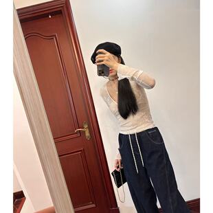 MCHIC | 区别市场!~亲妈渠 iam*蕾丝裸色内衬v领长袖蕾丝打底衫