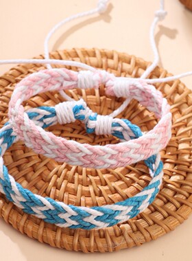 欧美跨境热销防叮手环双色绳手工编织绳复古风可调节情侣手绳批发