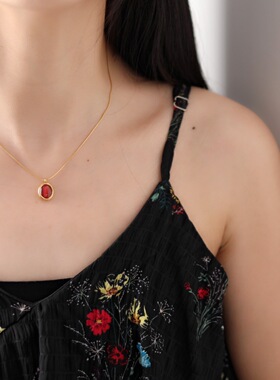 欧美复古气质酒红色贝壳钛钢项链女轻奢感小众锁骨链时尚配饰