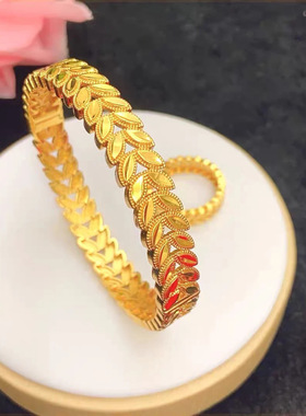 黄金色百搭沙金久戴不掉色电镀麦穗镀真金镂空戒指铜手镯戒指套装