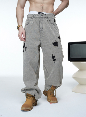 双11清仓  美式复古做旧大破洞浅灰色直通宽松休闲牛仔裤