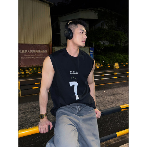 限时买3送1 夏季痞帅无袖T恤男美式街头数字印花背心宽松纯棉运动