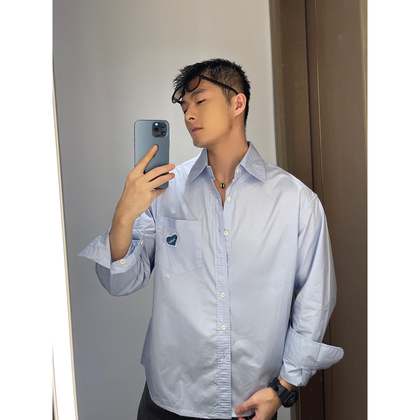 少年感浅蓝色100%精梳棉爱心刺绣OVERISZE衬衫