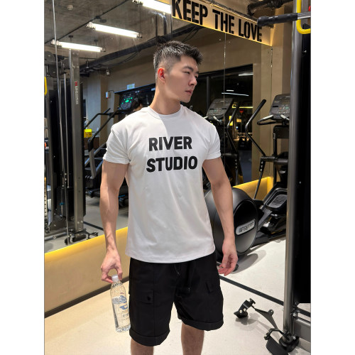 限时买3送1 原创98%棉RIVER STUDIO字母印花短袖T恤男修身弹上衣