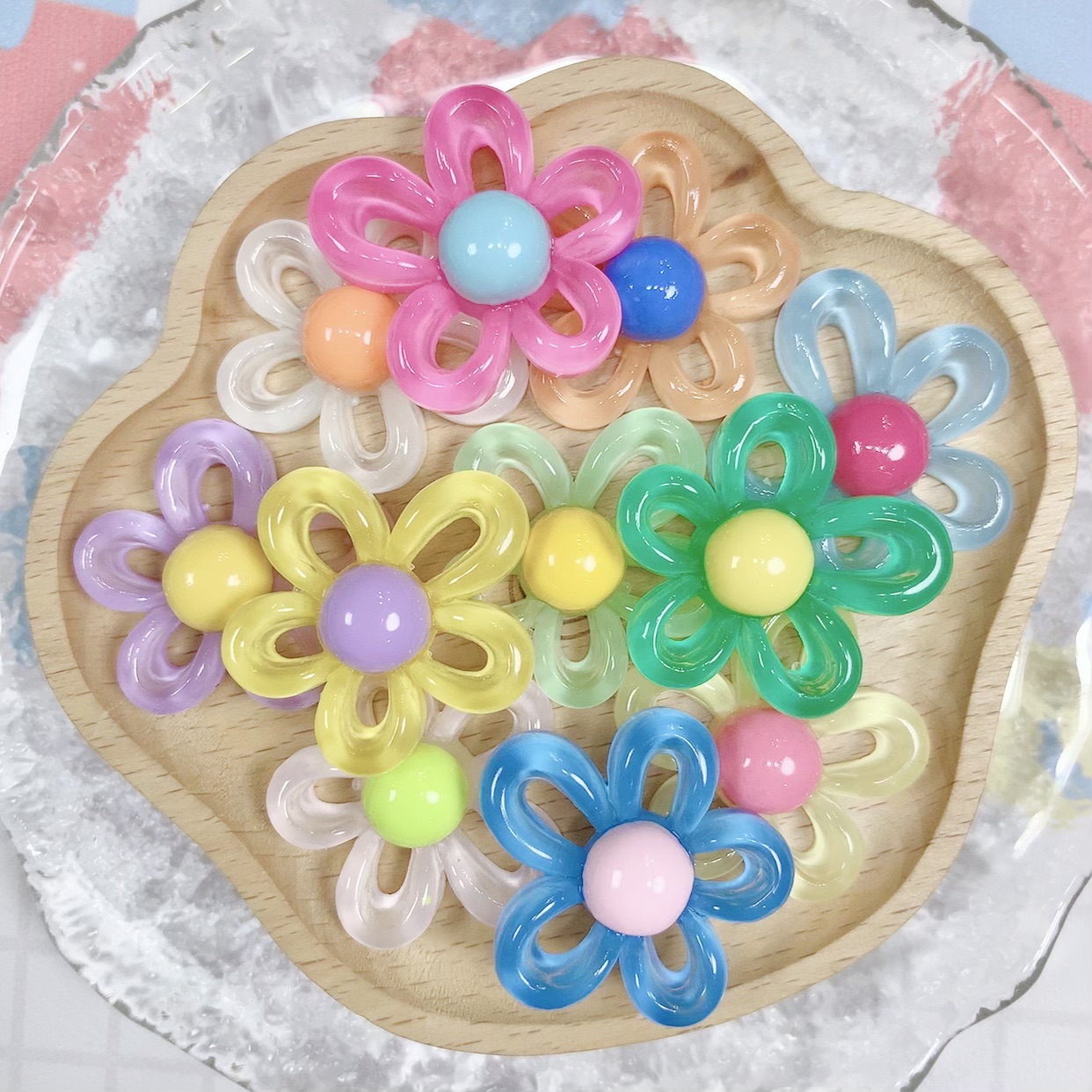 夏日透色镂空花花 树脂配件儿童手工diy奶油胶发夹手机壳材料包