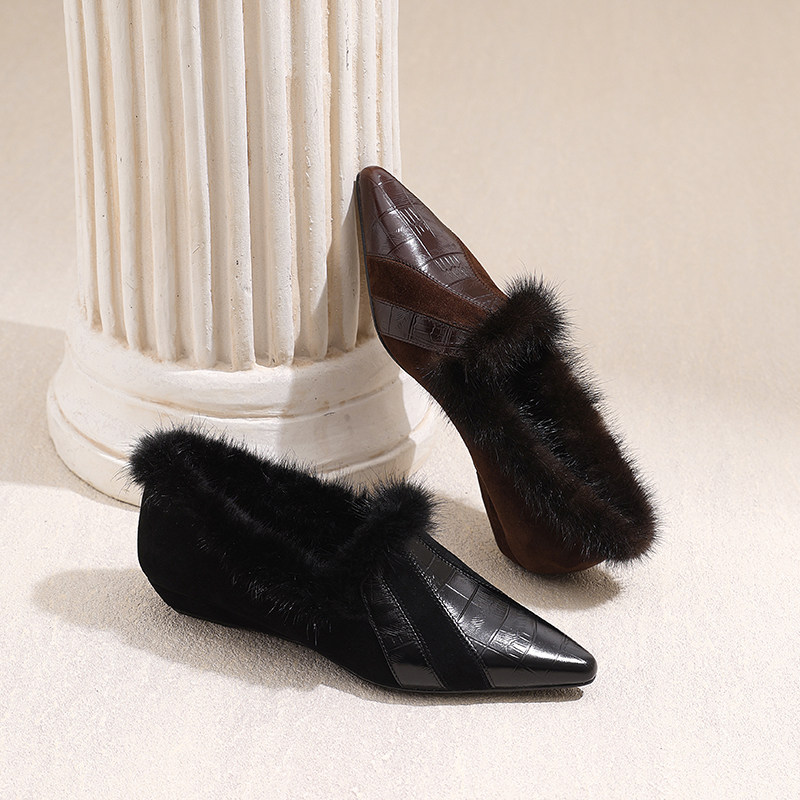 AMEINOR冬季新款尖头加绒单鞋女2025真皮小坡跟保暖乐福鞋毛毛鞋,女鞋,深口单鞋,淘宝优惠券,粉丝福利购,淘宝优惠卷