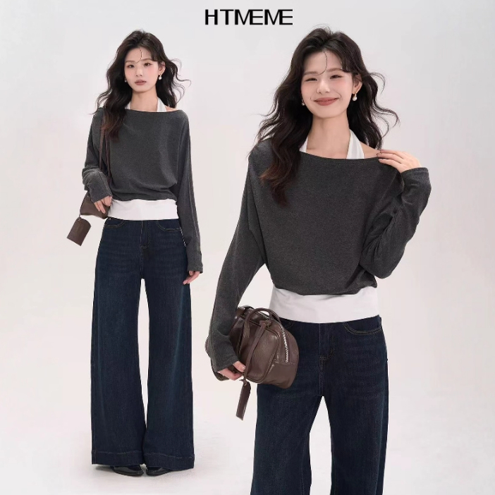 12/01W 品牌2025年新款设计感一字肩假两件挂脖长袖打底衫3322