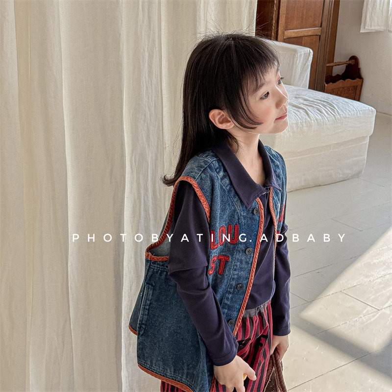 撞色包边2025春季童装新款 儿童韩版牛仔马甲女童春装坎肩小外套