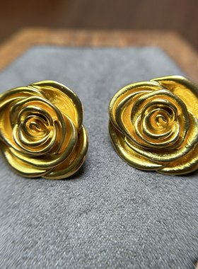 中古Vintage蔷薇玫瑰山茶花气质款镀真金素金耳钉项链