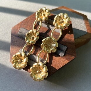 中古vintage复古夸张金色花朵流苏耳环大气港风时尚 百搭耳环