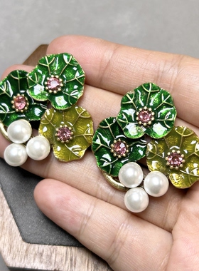 中古复古绿色珐琅釉珍珠耳钉绿荷叶优雅花朵百搭气质耳环