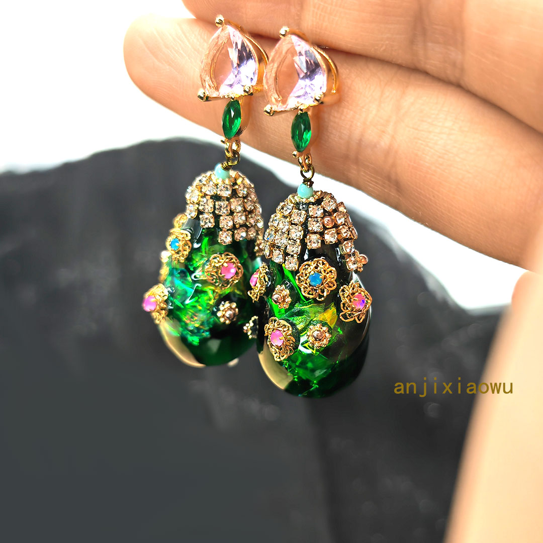 墨绿色水滴耳环轻奢重工古风饰品