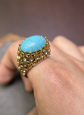 法式复古轻奢青金石绿松石戒指镶锆石铜材质高级指环配饰手饰