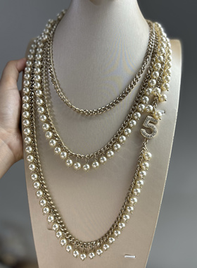 中古Vintage时尚轻奢百搭琉璃珍珠多层叠戴长款斜挎项链