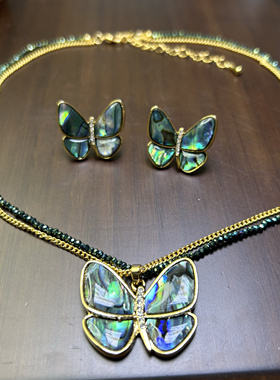 中古vintage蝴蝶项链女轻奢小众设计感锁骨链天然鲍鱼贝壳首饰