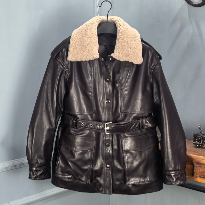 海宁2025冬季新款真皮羽绒服女羊毛领绵羊皮收腰显瘦外套