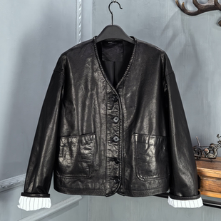 陈太太同款真皮皮衣女2025秋季新款V领牛皮油蜡休闲宽松夹克