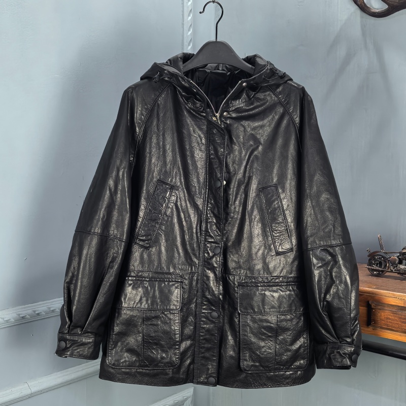 海宁2025冬季新款真皮羽绒服女连帽牛皮油蜡宽松爆款中长款外套