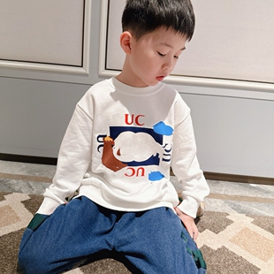 25秋冬新款方块棕熊字母拼色长袖圆领套头卫衣小中大宝宝休闲上衣