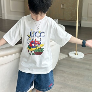 卡通图案唐老鸭印花T恤短袖上衣刺绣牛仔短裤套装男女童纯棉夏装