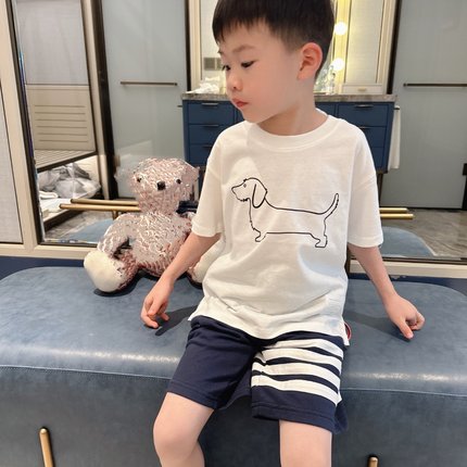 兄妹装儿童夏季男女童小中大简约白色狗狗短袖T恤短裤百褶裙子