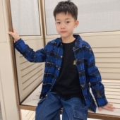 外套小中大童休闲衬衣上衣 男童蓝色十字格纹衬衫 26秋新款 气质潮款