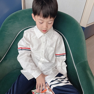 牛津布全棉简约学院风袖子织带衬衫男女童春秋衬衫打底外穿上衣