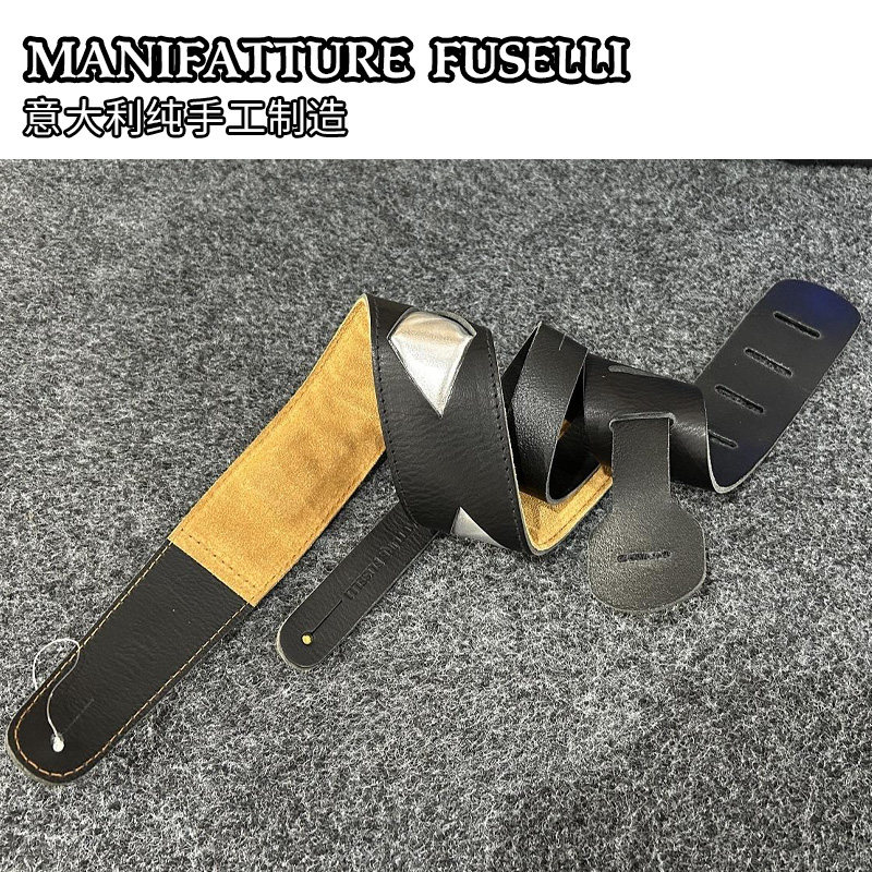 MANIFATTURE FUSELLI手工吉他背带 双层垫肩黑色皮民谣电贝斯肩带