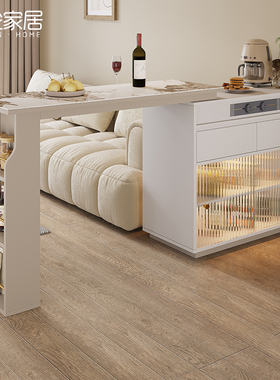 法式奶油风岩板吧台桌隔断一体客厅实木小户型可移动伸缩吧柜定制