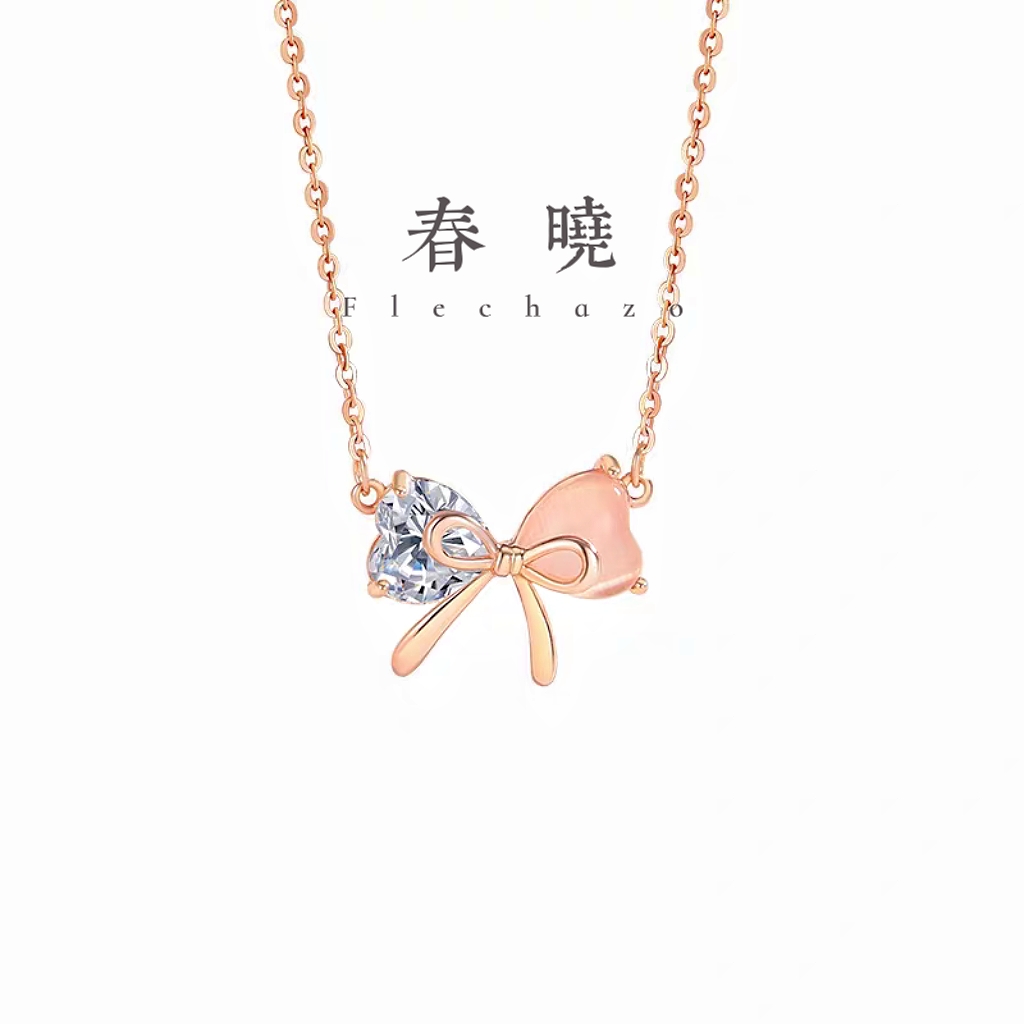 蝴蝶结纯银925项链女小众设计轻奢款猫眼石锁骨链得物ins爱心