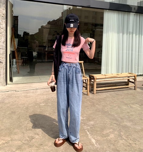 Real shot design button loose denim wide leg pants