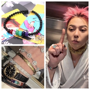 GD权志龙同款手链七彩生命石黑曜石手串GDragon周边七色水晶饰品