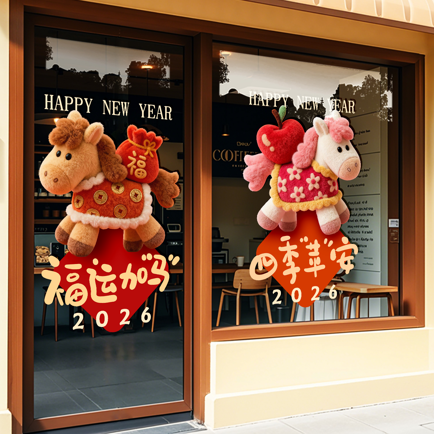 马年新年装饰贴纸过年场景布置2026春节窗花橱窗玻璃门卡通墙贴画