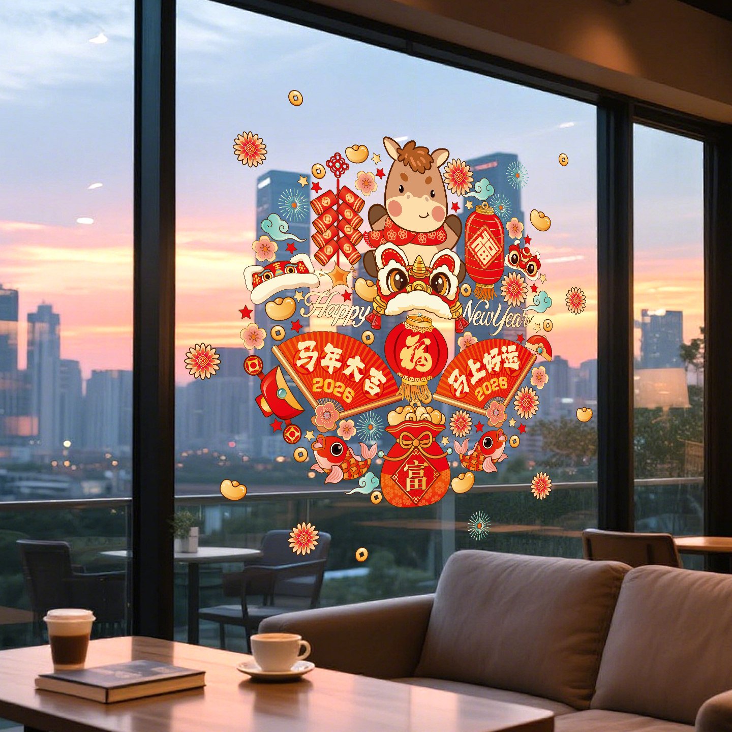 2026马年新年玻璃门窗花静电贴落地橱窗福字贴纸过年春节装饰门贴