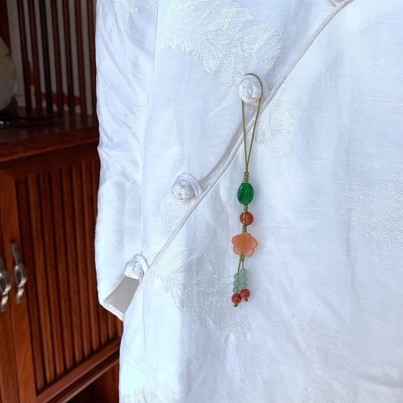 天然玉石手机链挂件钥匙扣吊饰金丝玉花开富贵旗袍汉服押襟伴手礼