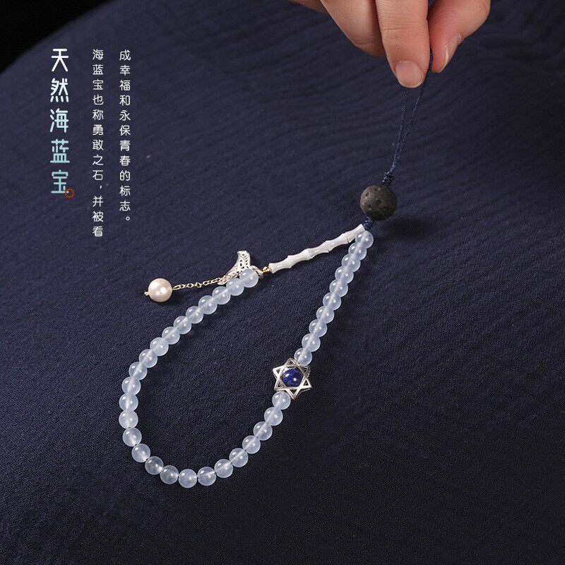 天然海蓝宝月光石防摔手机挂绳短款手腕珠链人鱼银饰可拆卸手饰品