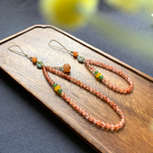 新品 天然冰飘南红玛瑙手机链手工玉石圆珠手腕挂链金丝玉南瓜挂件