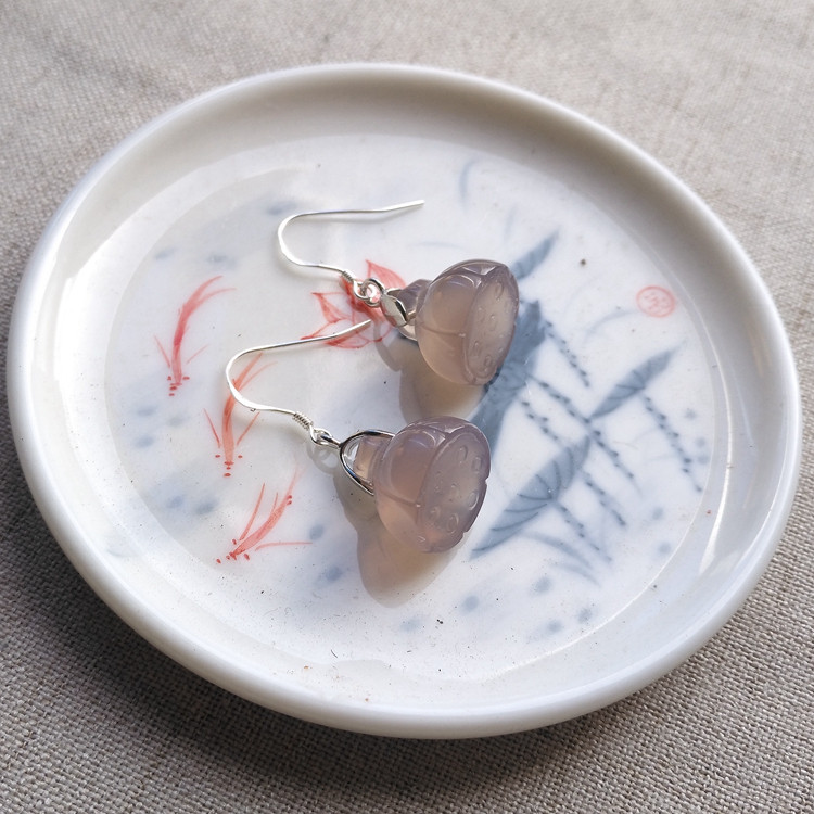 原创天然东陵玉莲蓬耳环玛瑙岫玉耳坠 925全银耳钩古风玉石耳饰品