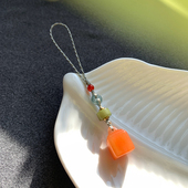 新品 金丝玉方形印章手机链挂件古风玉石书画闲章吊坠吊饰包挂饰品