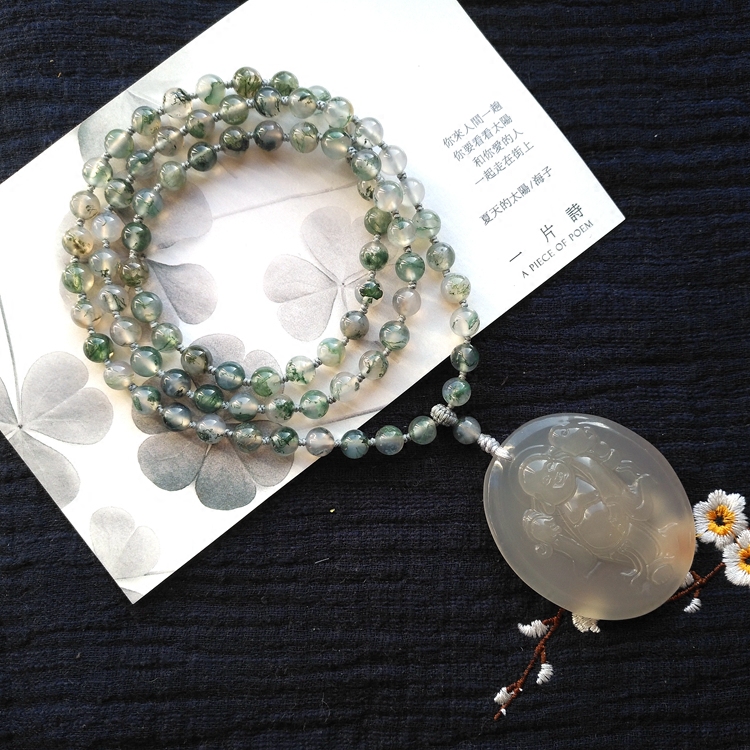 原创水草玛瑙冰飘南红弥勒佛项链