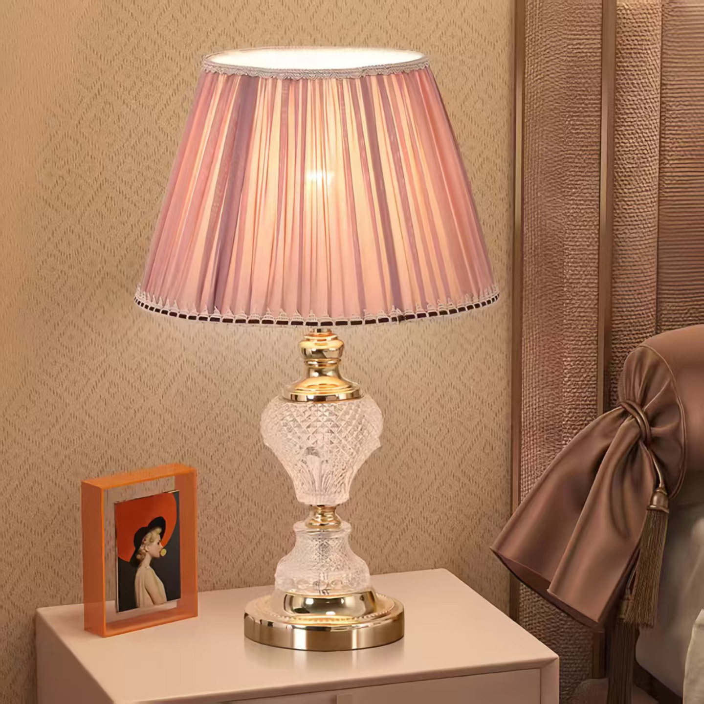 烨上欧式玻璃台灯卧室床头房间灯饰灯具创意温馨浪漫粉红黄色068