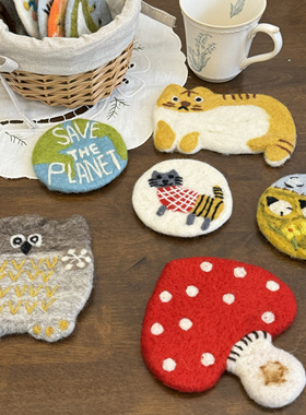 尼泊尔羊毛毡杯垫手工成品蘑菇/地球/猫咪/动物桌面绝缘隔热垫