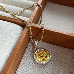 女王神像古币吊坠S925银进口意大利纯银项链双色小众配饰