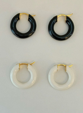 高级感白色滴胶耳环耳圈女纯银耳针 黑釉珐琅耳环女时尚气质小众