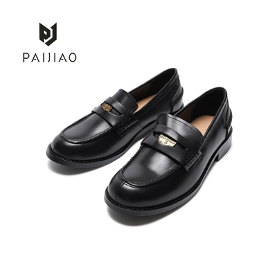 排角圆头粗跟金币乐福鞋牛皮