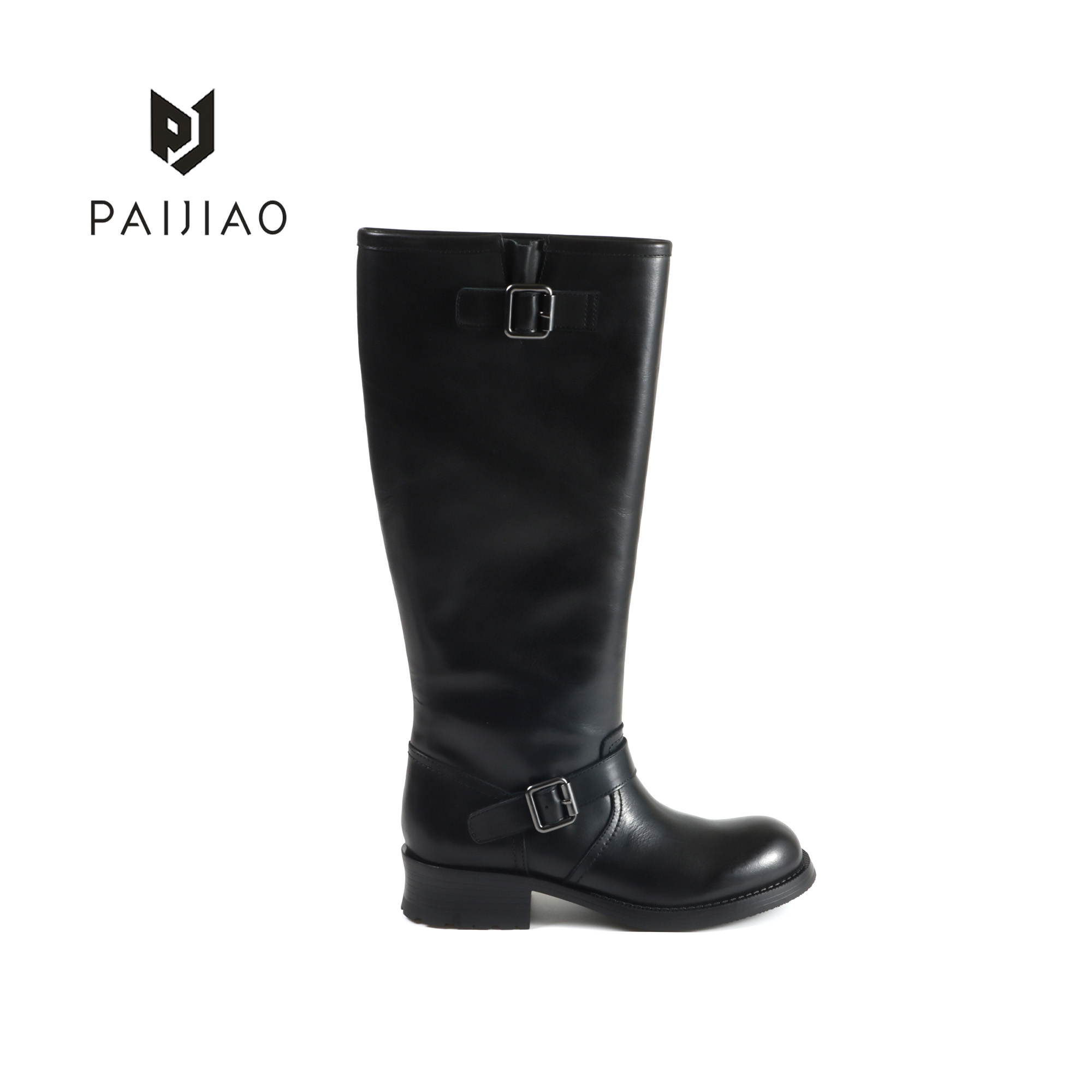 排角帅气搭扣厚底牛皮骑士靴